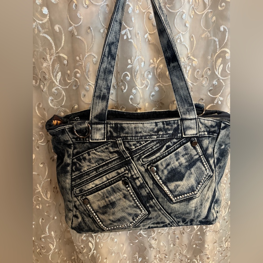 Fashioned in Italy denim tote with rhinestones